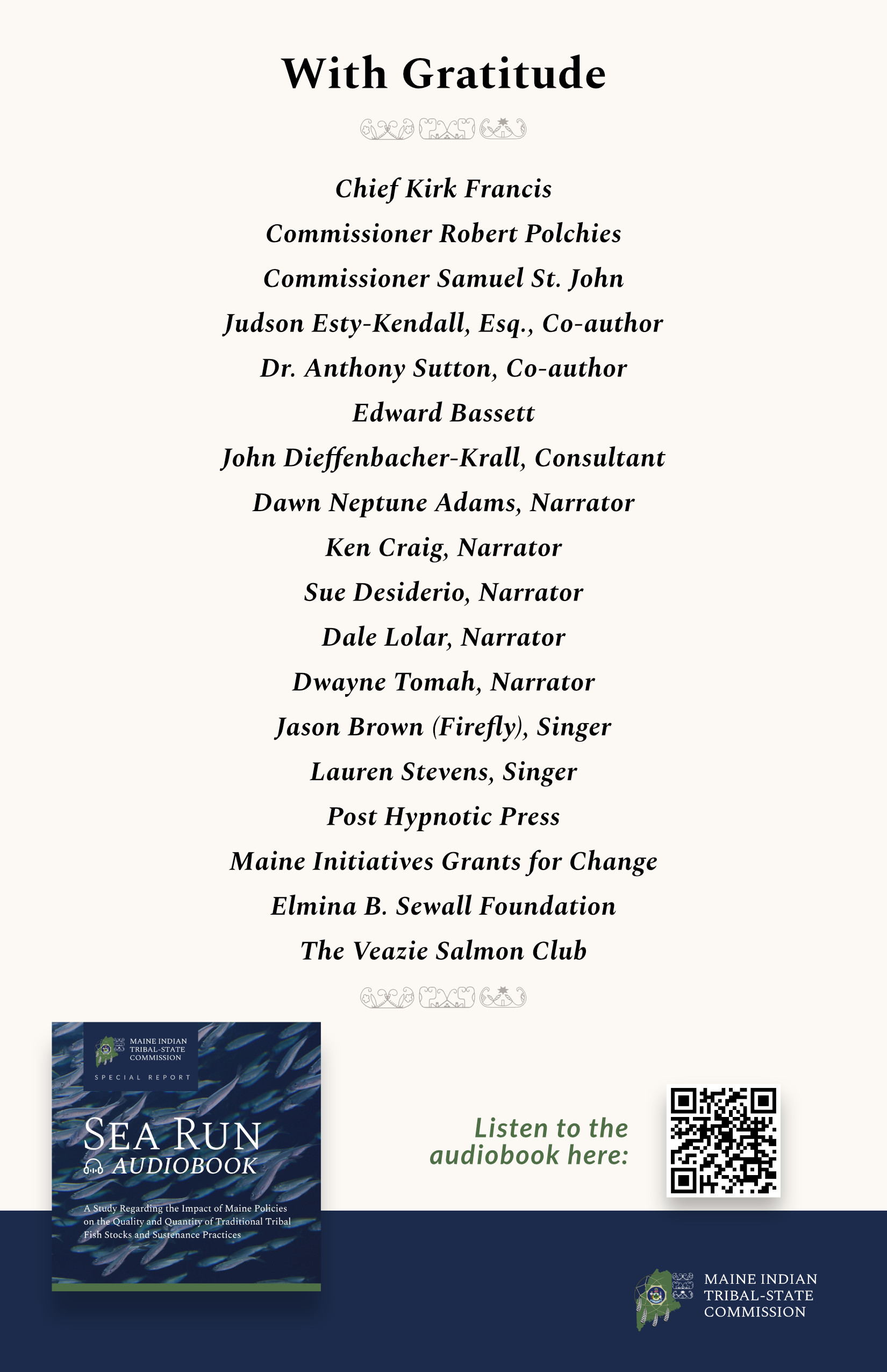 Event program  (page 2) for the SEA RUN Audiobook Launch Event on Indigenous Peoples' Day 2025, With Gratitude' listing contributors and supporters of the Sea Run audiobook, with its cover image, QR code for listening, and Maine Indian Tribal-State Commission logo.