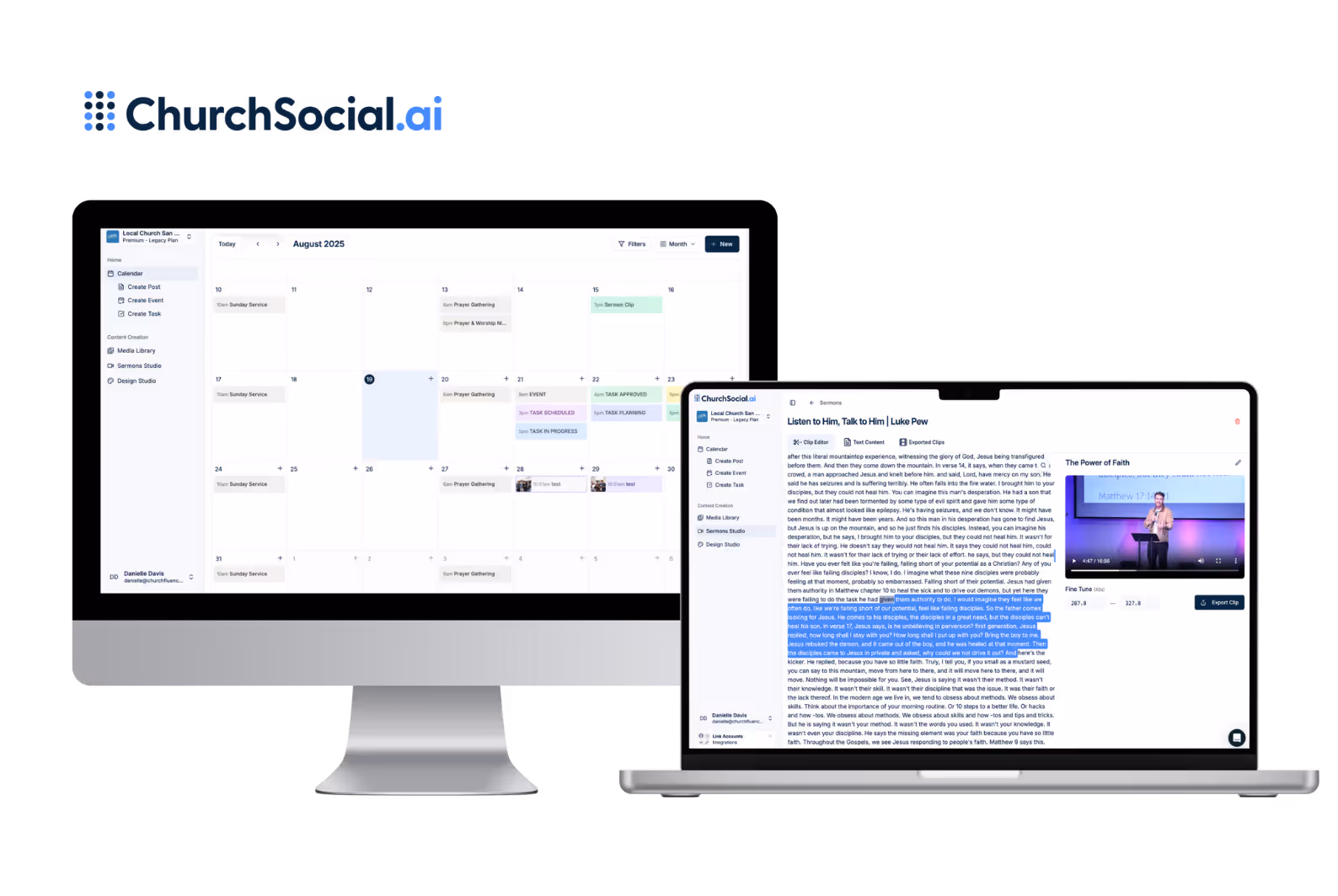 ChurchSocial sermon studio dashboard showing sermon clips and captions