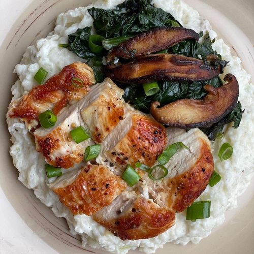 Crispy Chicken Thighs, Cauliflower Mash, & Sautéed Spinach and Mushrooms