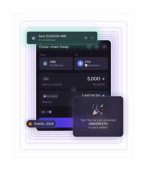 Swap UI of Magpie Protocol dApp with "Sent 5000 ARB on Arbitrum" and "Yay! You've just received 1.862539 ETH in your wallet" graphics accompanying the main visual.