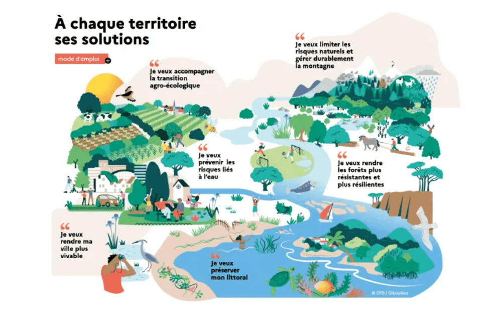 Illustration OFB des solutions fondées sur la nature selon les territoires : ville, littoral, forêt, montagne, agriculture, eau