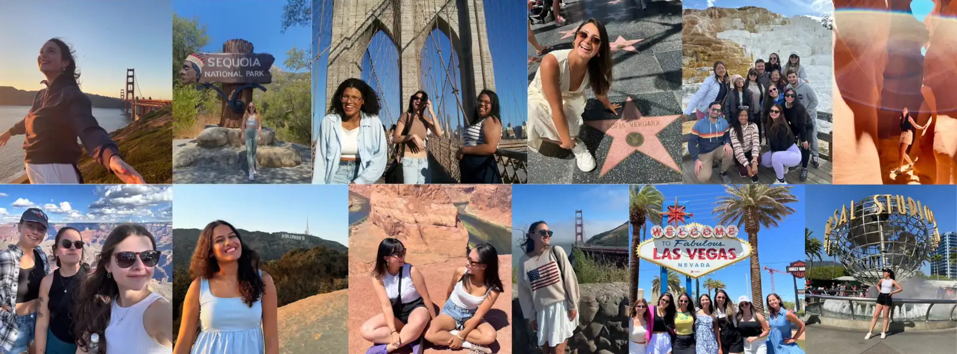 Collage of au pairs visiting famous U.S. landmarks including Golden Gate Bridge, Sequoia National Park, Brooklyn Bridge, Hollywood sign, Las Vegas sign, and Universal Studios globe.