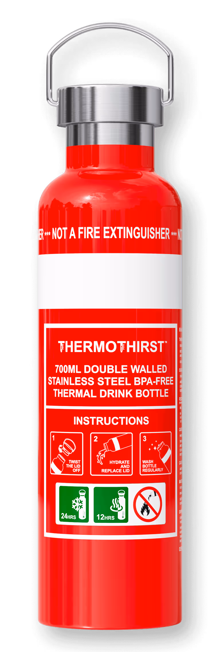 Front view of the thermal fire extinguisher inspired bottle.