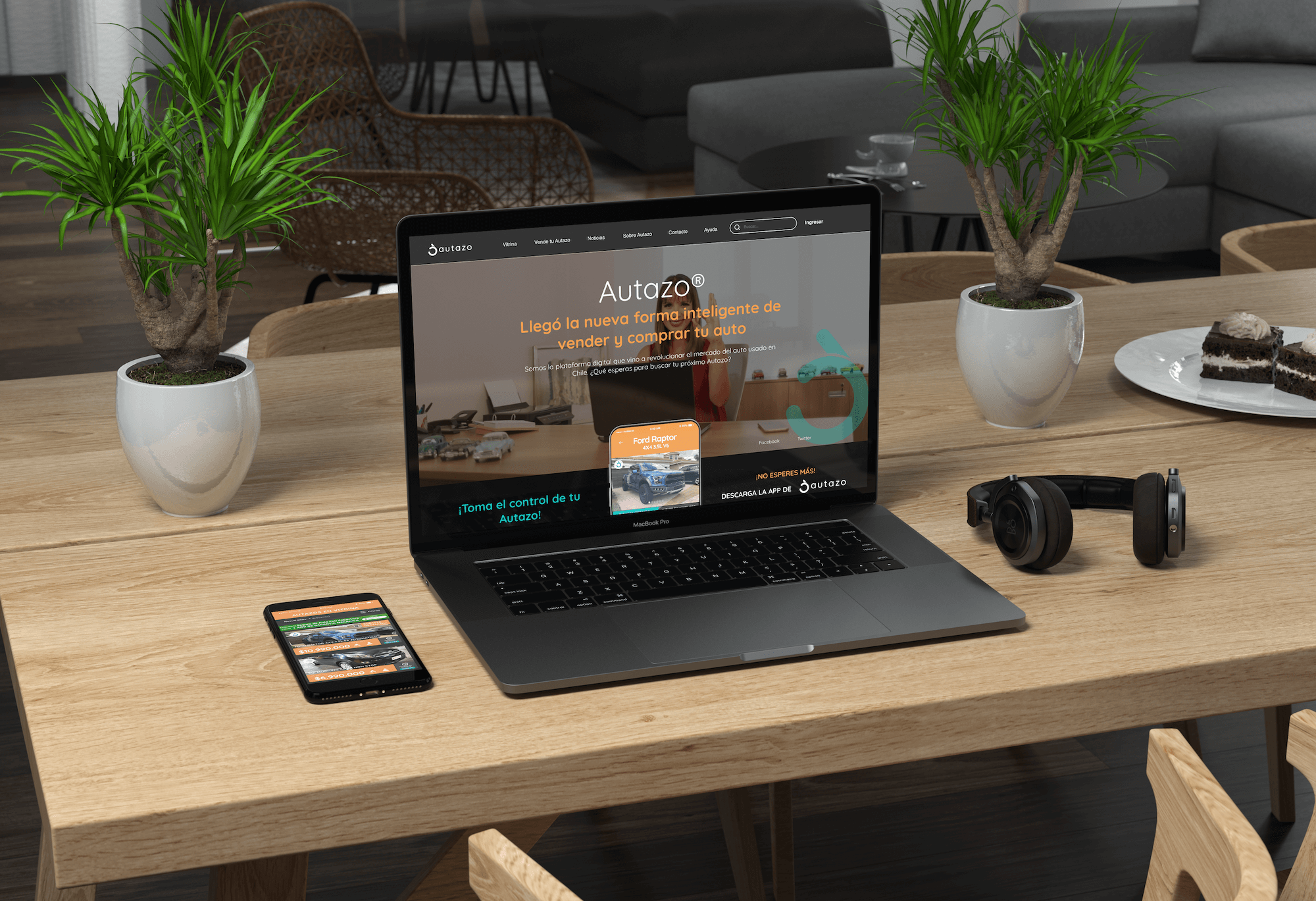 notebook in a desktop next to a phone showing autazo screens