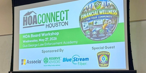 Presentation screen displaying "HOA Connect Houston – Financial Wellness for Your Community" with details for an HOA Board Workshop and sponsor logos