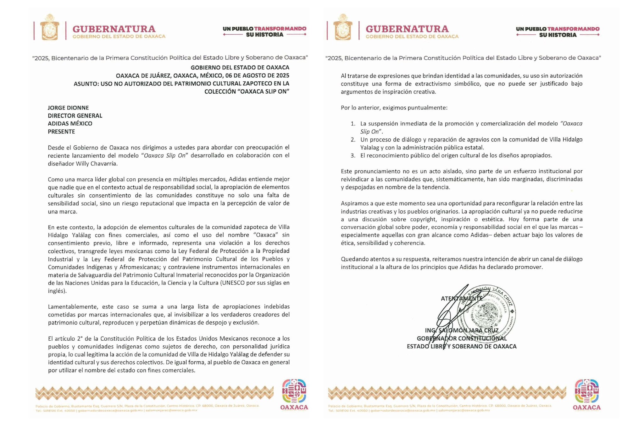 Carta de Salomón a Jorge Dione, Director General de Adidas México