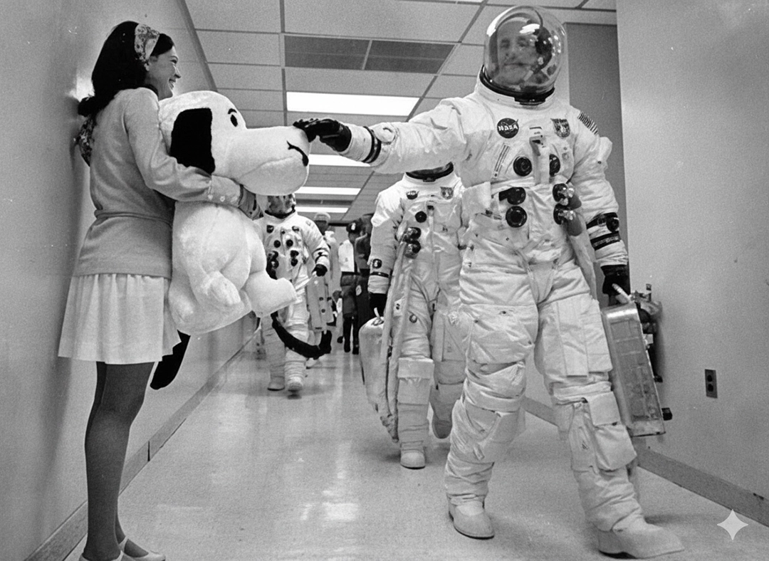 Stafford touching Snoopy, the mission's mascot, for good luck (photo courtesy of National Aeronautics and Space Administration).