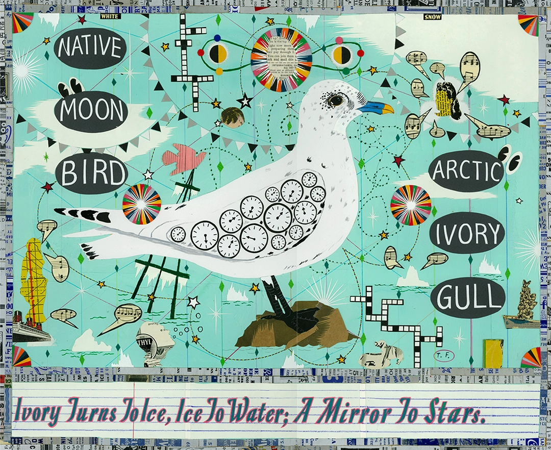 Ivory Gull Driven Mad by Ghost Music (2016) fue también uno de los collages incluidos en The Secret Birds, exposición celebrada en el DePaul Art Museum. Imagen cortesía del artista.