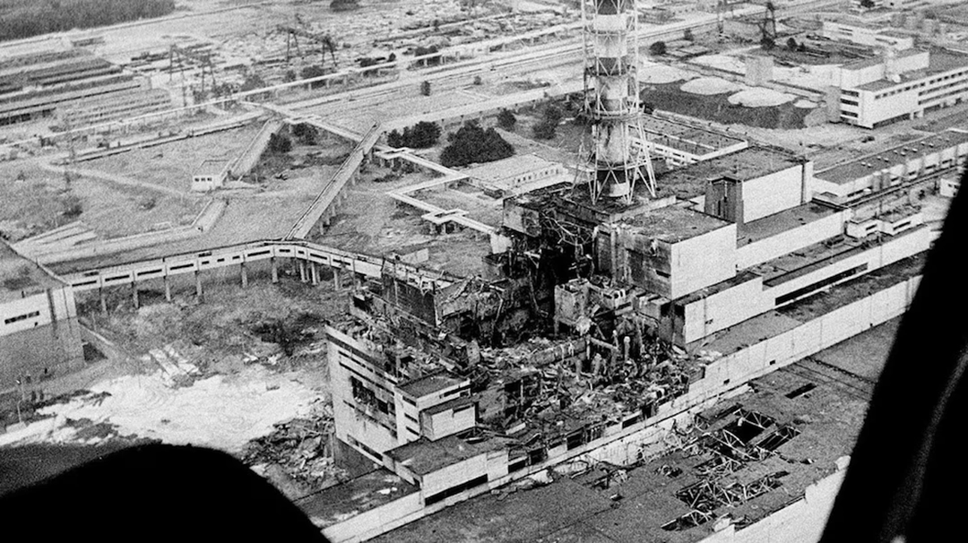 An aerial photo of the Chernobyl nuclear power plant taken two or three days after the 1986 explosion.