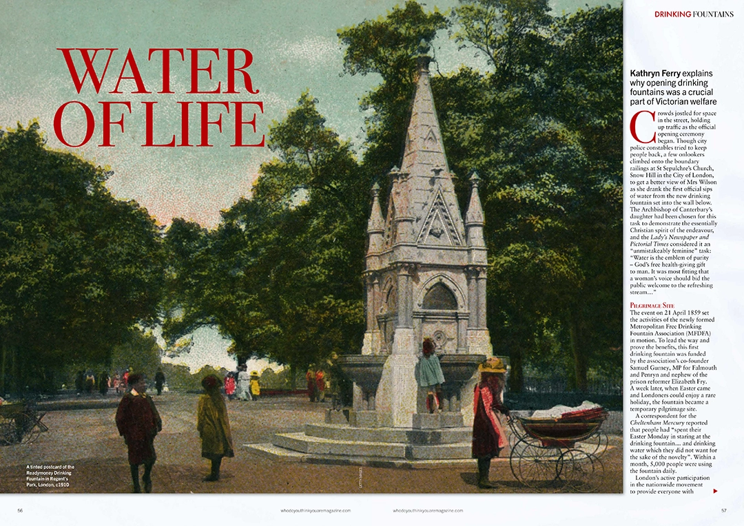 Tinted postcard of the Readymoney Drinking Fountain in Regent’s Park, London, c. 1910, reproduced in Kathryn Ferry’s article in Who Do You Think You Are?, Issue 246, August 2026, pp. 56–57.