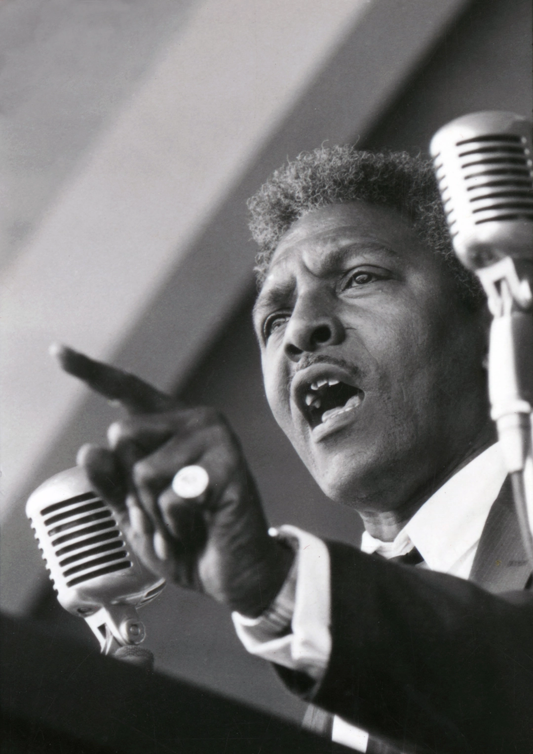 Freedom Vote Campaign. Bayard Rustin giving a speech at a rally held in the New Albany amphitheater. Speakers included James Forman, John Lewis and Andrew Young. Mississippi 1963.