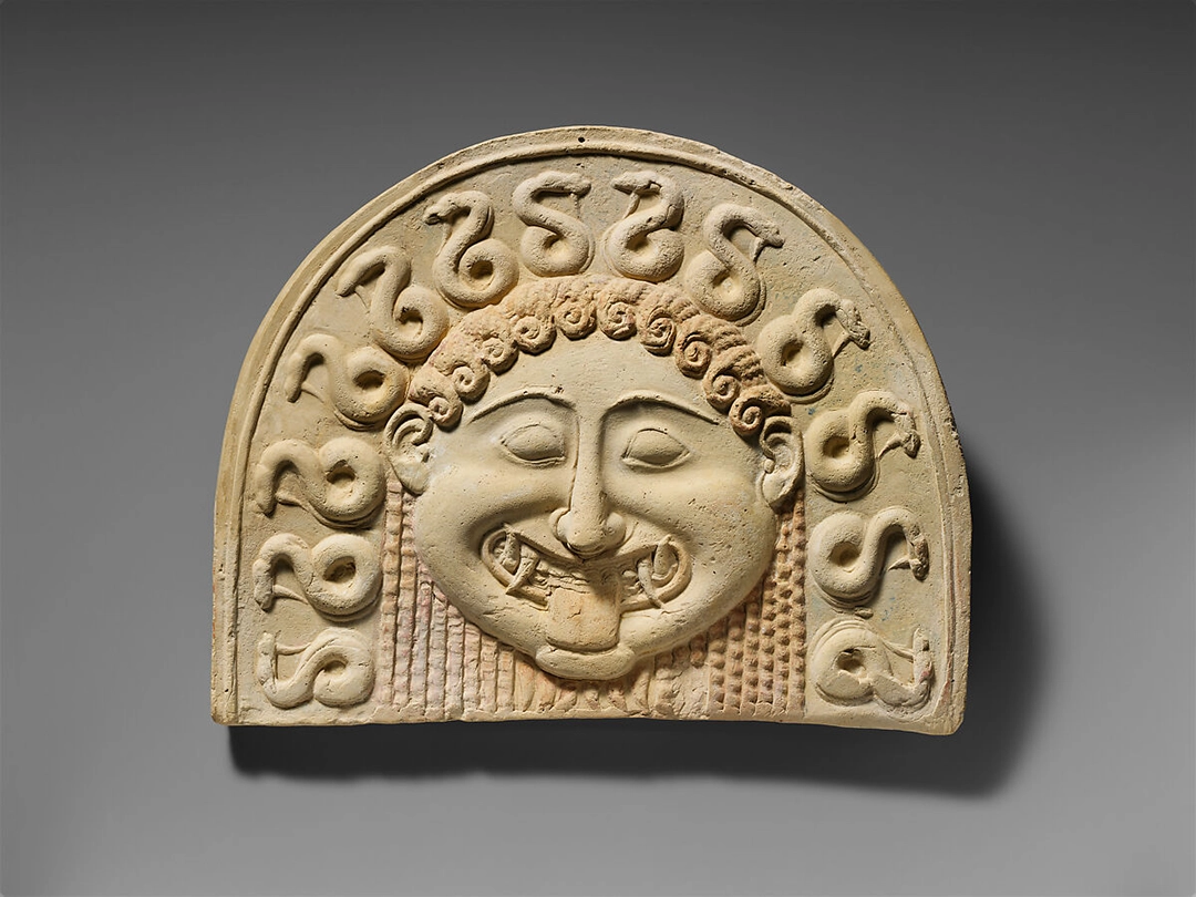 Tarentine painted terracotta antefix with a gorgoneion, ca. 540 BCE. The Metropolitan Museum of Art, New York