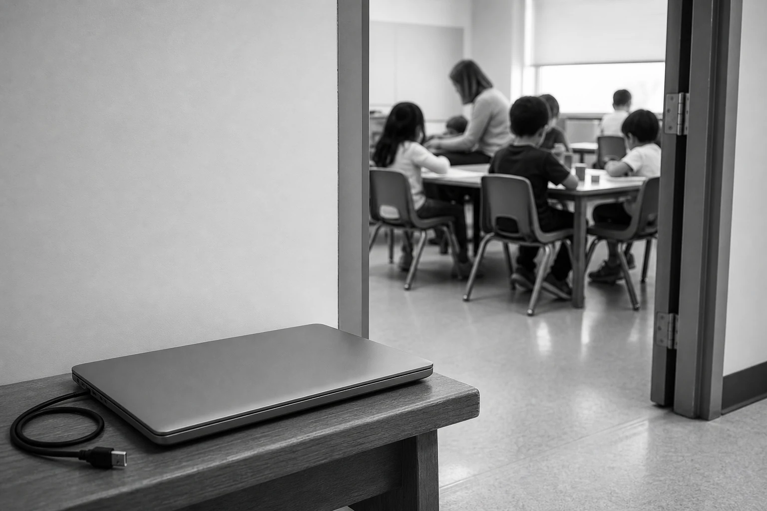 A disconnected closed laptop rests outside a classroom where children work together with a teacher
