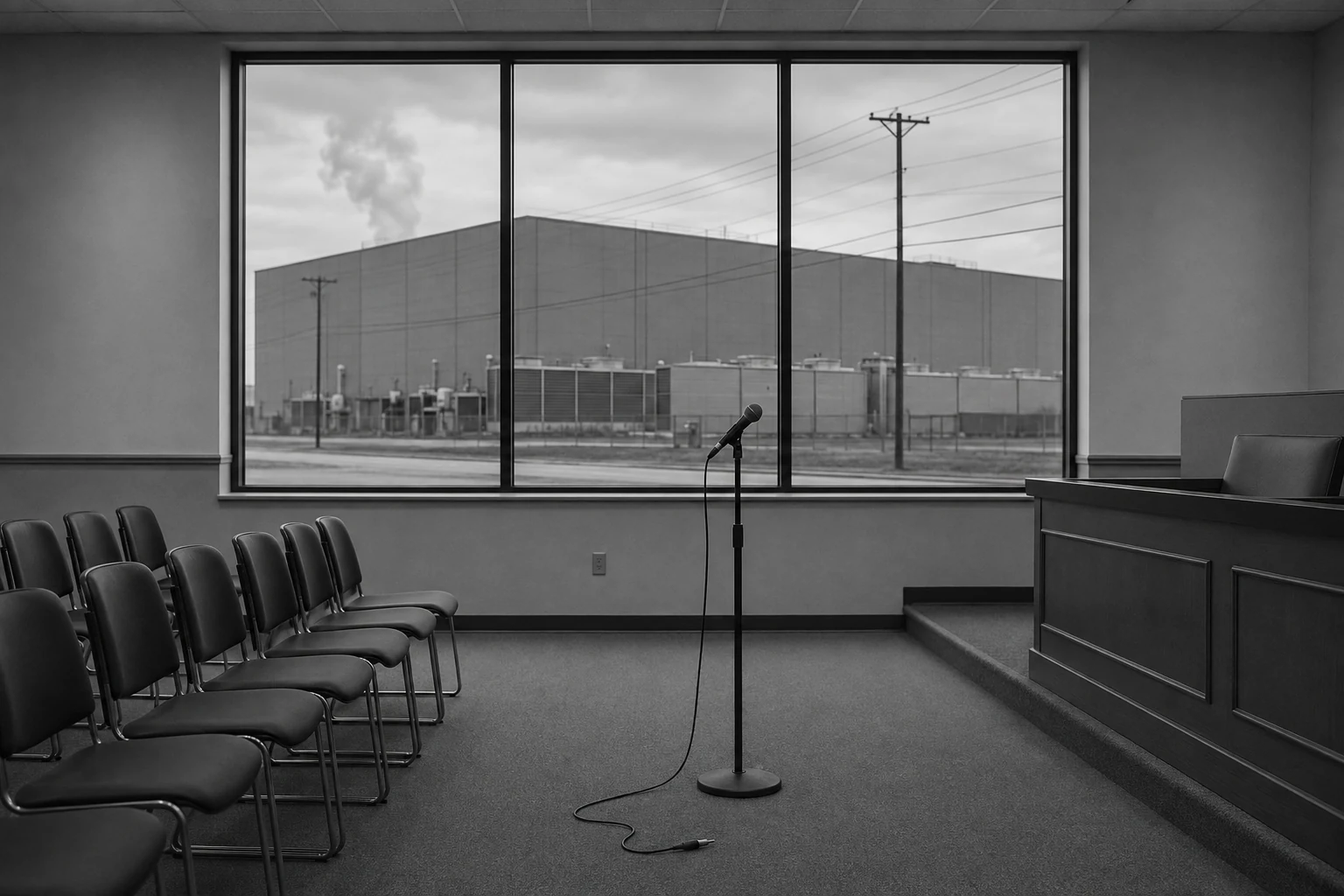 An empty public hearing room with an unplugged microphone faces a data center through the window