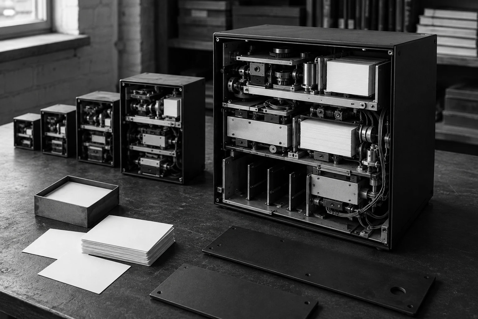 A family of opened black machines exposes internal modules and blank archival cards on a worktable