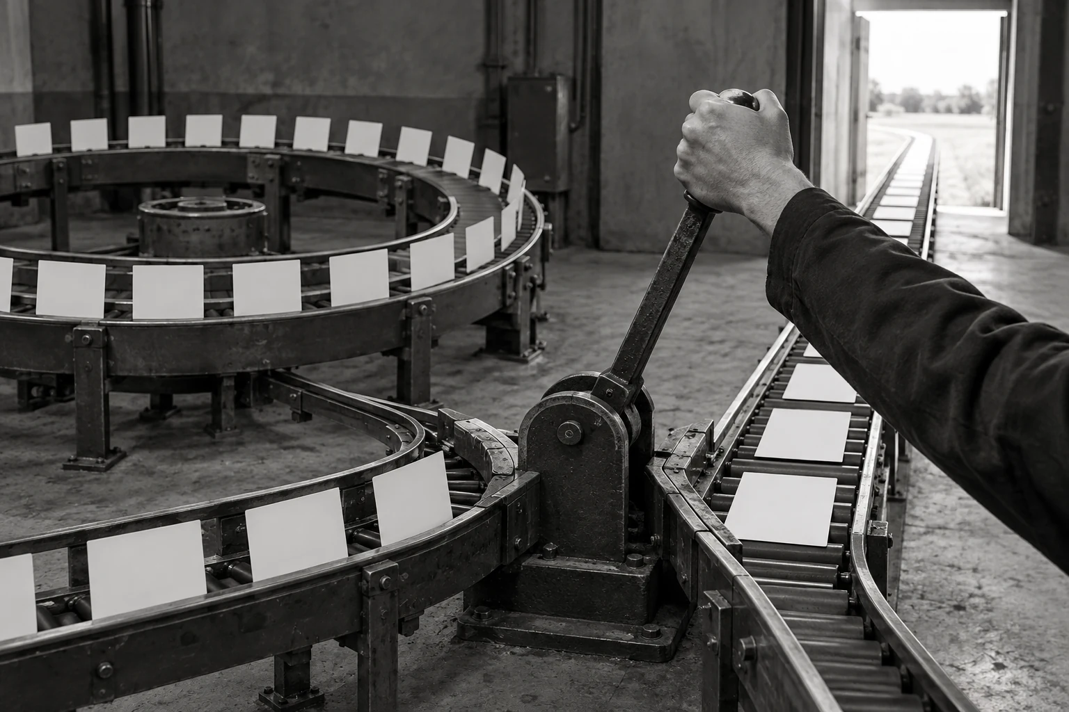 A hand operates a mechanical switch between a looping card conveyor and a straight path toward daylight