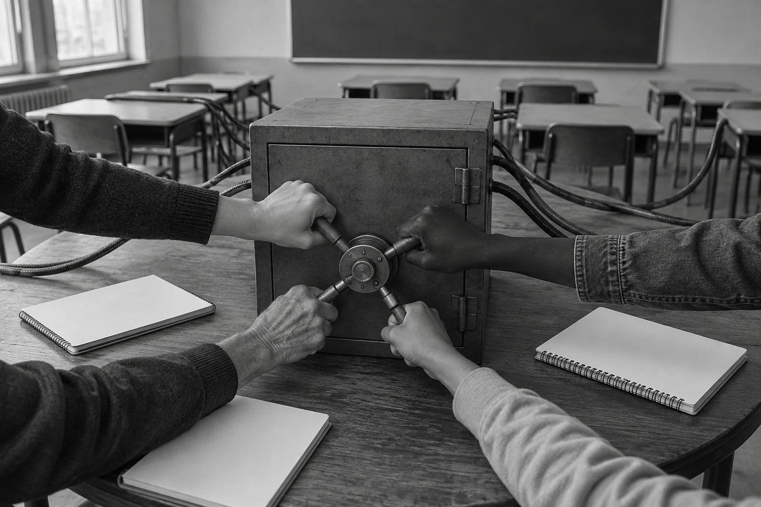 Several hands share a large key controlling a cabled cabinet in an empty public classroom