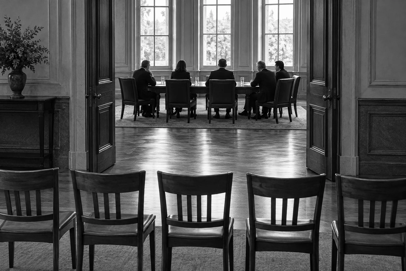 An occupied institutional table faces a row of empty public chairs beyond an open doorway