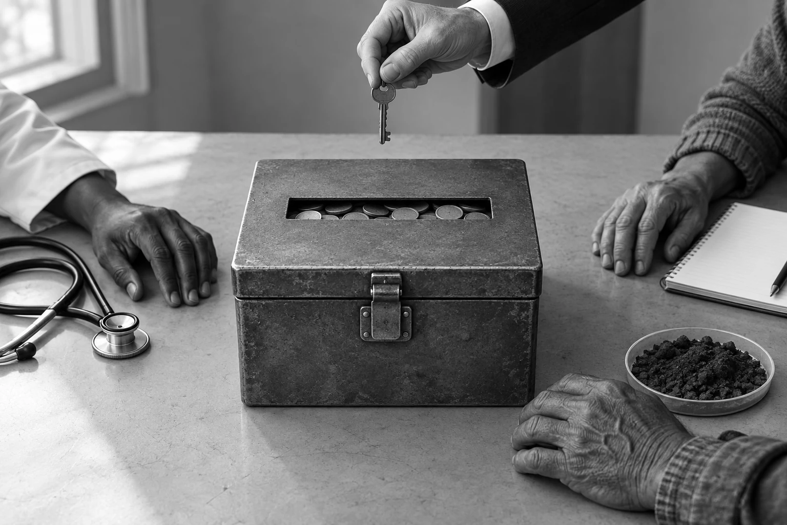A locked grant box sits between work-worn hands from a clinic, classroom, and farm