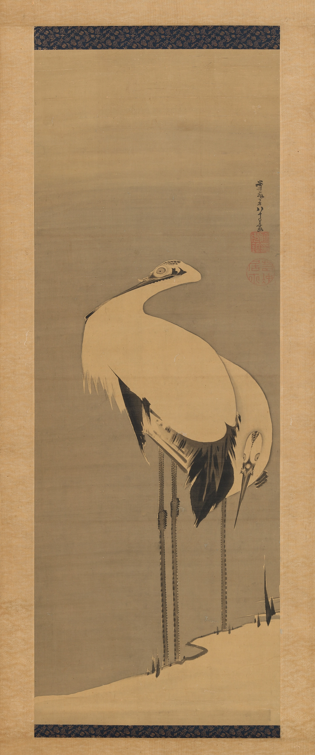 g\_02: Itō Jakuchū (1716–1800), Two Cranes, 1795, hanging scroll, ink on silk, 108.2 × 39.3 cm, The Metropolitan Museum of Art, New York.