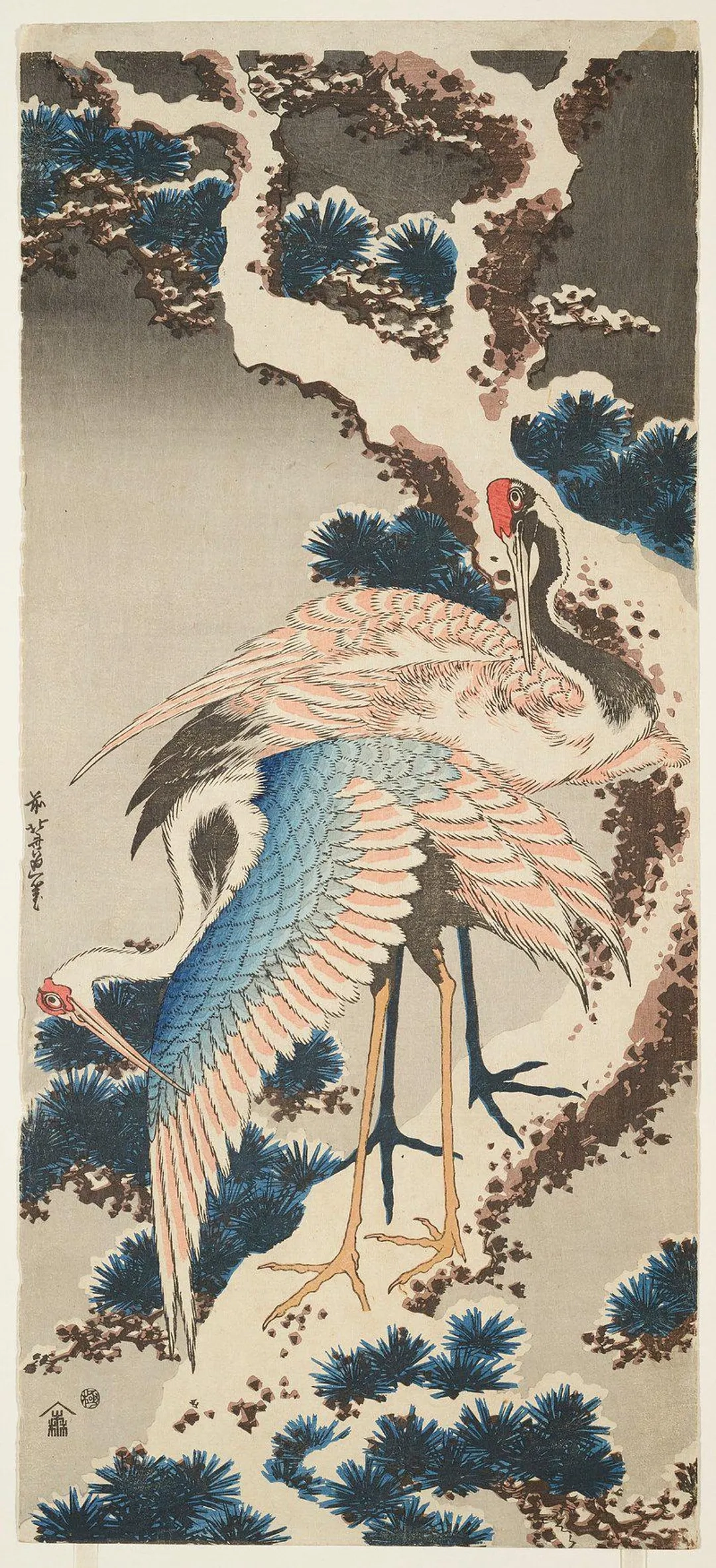 Katsushika Hokusai (1760–1849). Cranes on Branch of Snow-covered Pine, late 1820s. Woodblock print, ink and color on paper. The Metropolitan Museum of Art, New York. Public Domain.