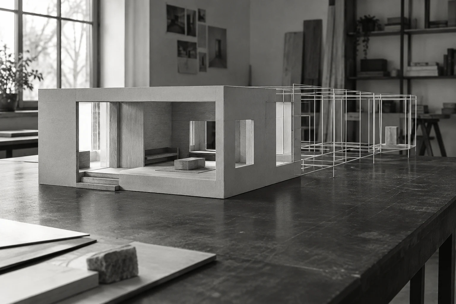 Black-and-white photograph of an architectural model with a wireframe extension on a studio worktable.