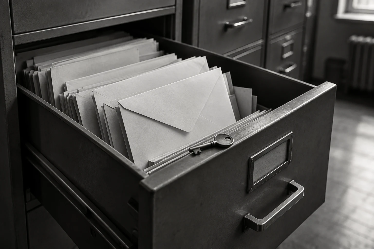 A half-open filing cabinet drawer with blank envelopes and a metal key.