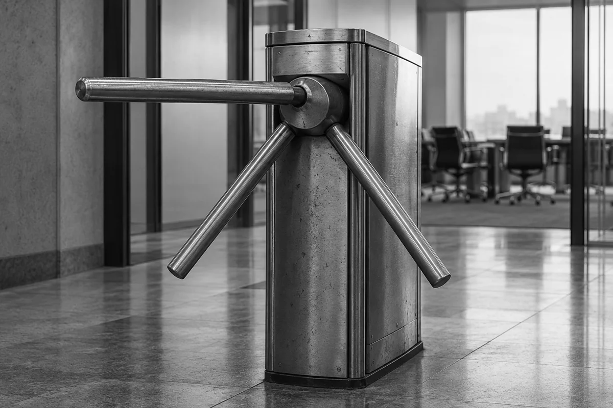 Conceptual AI-generated image of a steel turnstile in front of an empty office meeting room.