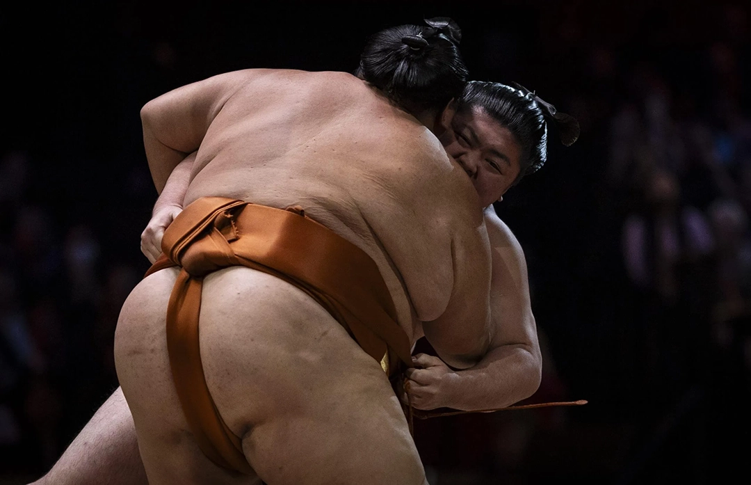 Ryuden and Nishikigi compete during the first day of The Grand Sumo Tournament. Photograph: Ryan Pierse/Getty Images