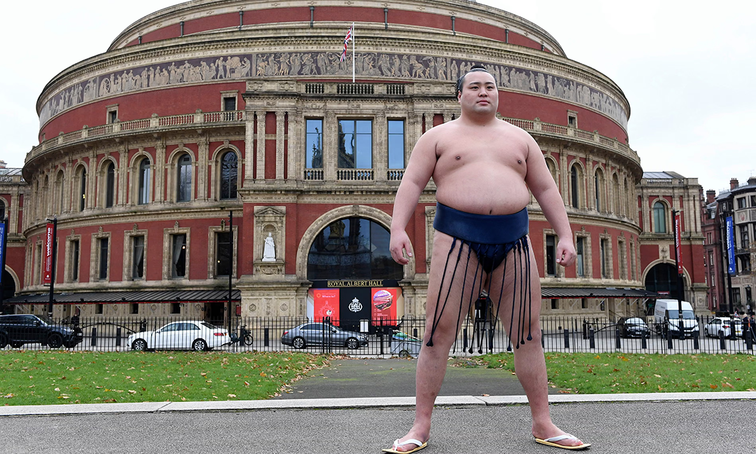 Rikishis from Japan's Sumo Kyokai, Kitanowaka Daisuke poses for a photo call outside the Royal Albert Hall in London. Photograph: Thomas Krych/AP