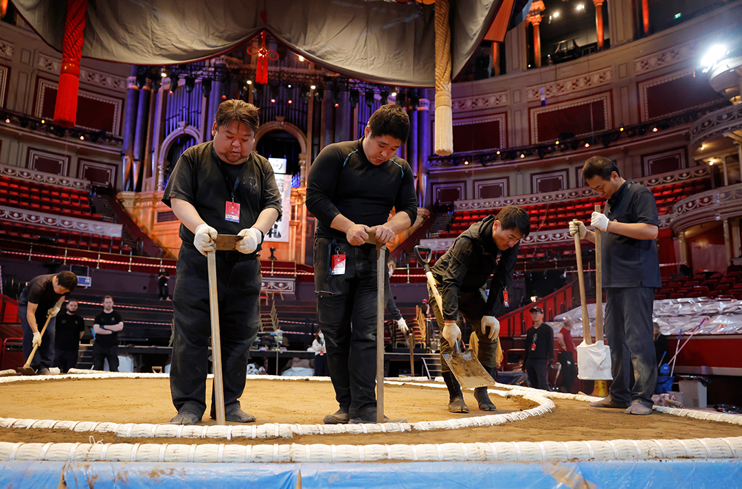 Yobidashi (full-time workers for the Japan Sumo Association) help prepare the dohyō at the Royal Albert Hall. Photograph: Tom Jenkins/The Guardian