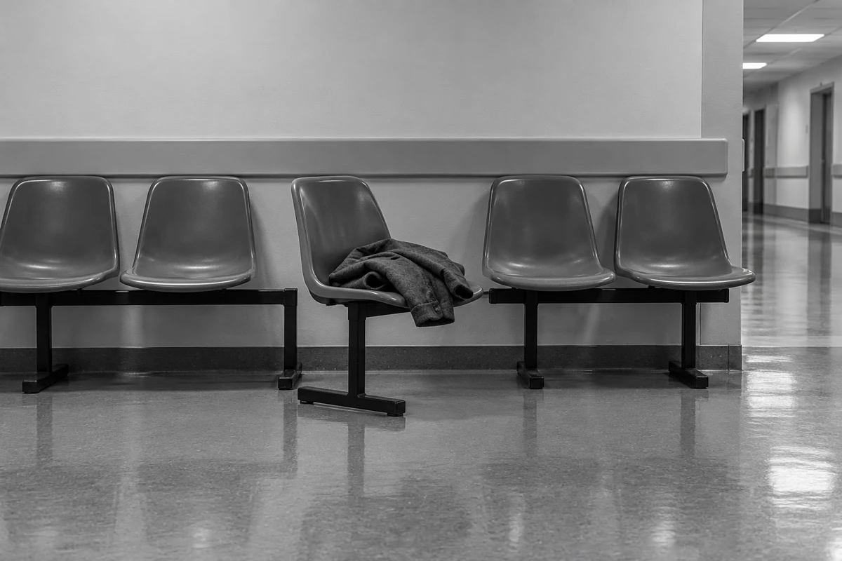 Conceptual AI-generated black-and-white photograph of a row of hospital waiting-room chairs with one chair pushed out of line and a coat left on it.