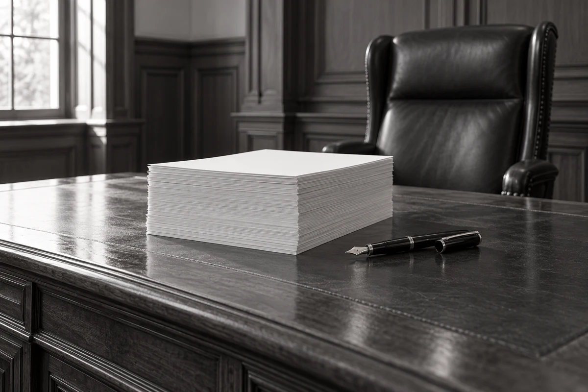 Conceptual AI-generated black-and-white photograph of a stack of blank paper and an unused fountain pen on a judge's wooden desk, with an empty chair behind it.
