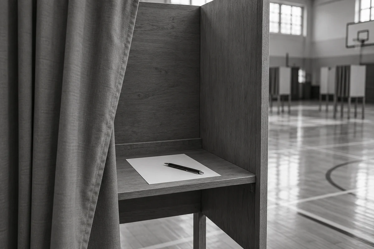 Conceptual AI-generated black-and-white photograph of an empty voting booth with a blank sheet of paper and a pen resting across it on the shelf.