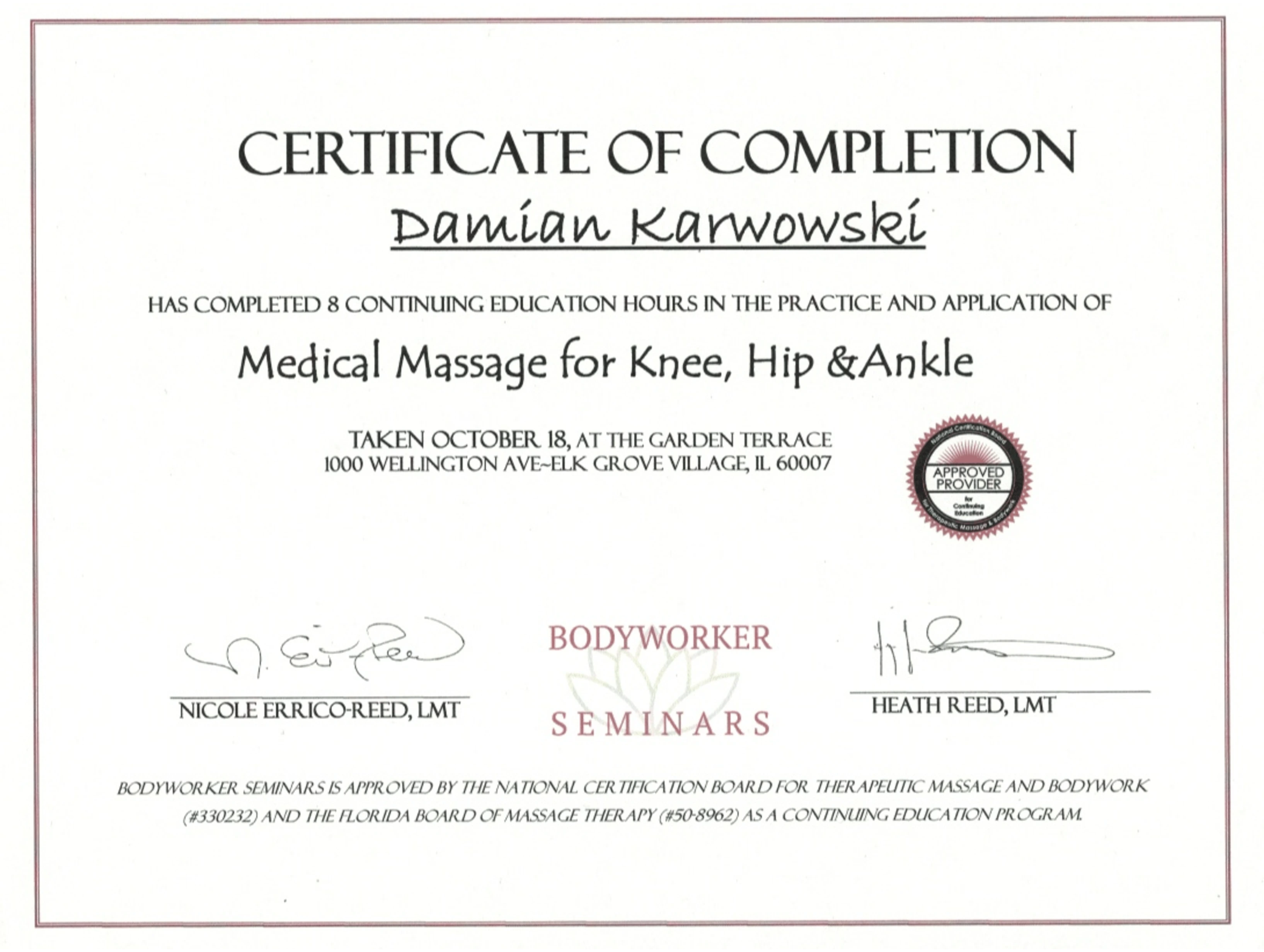 A Medical Massage Certificate.
