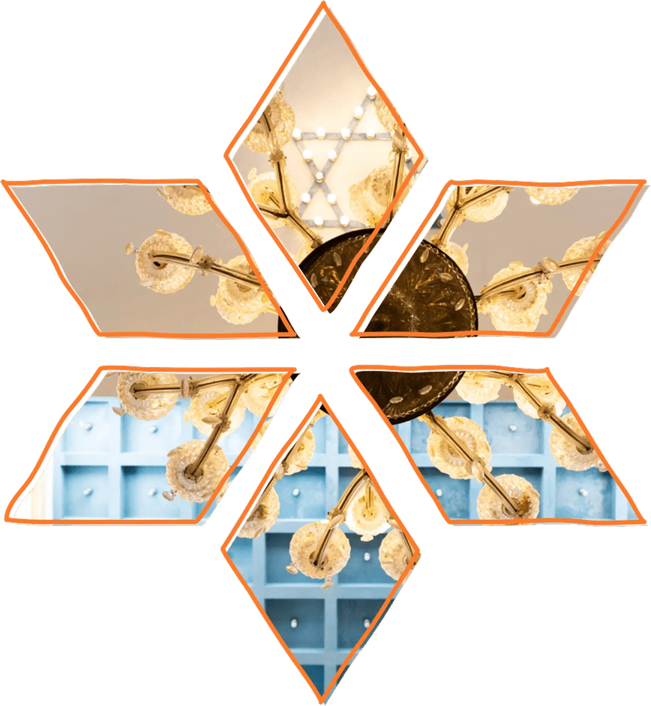 Six-section star-shaped image with chandelier lights and blue ceiling cubes.
