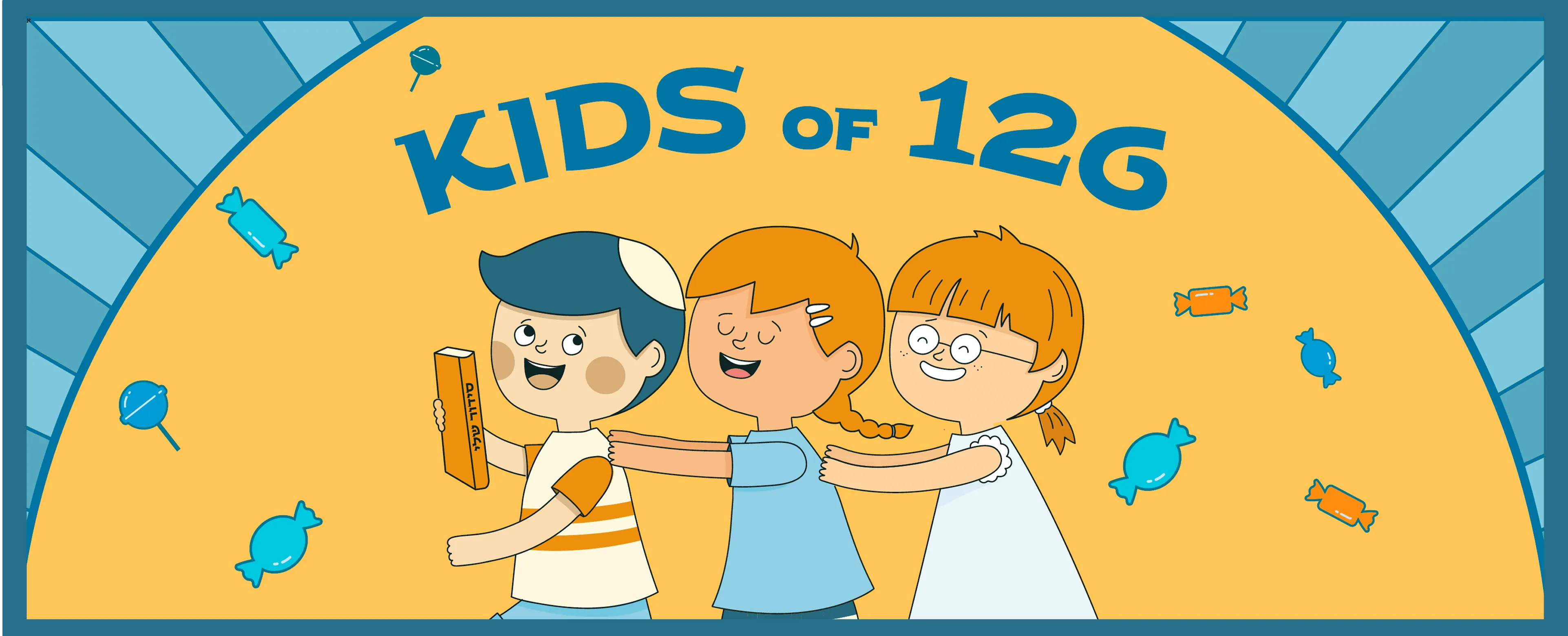Illustration of three kids in a conga line with candy around and text 'Kids of 126'.