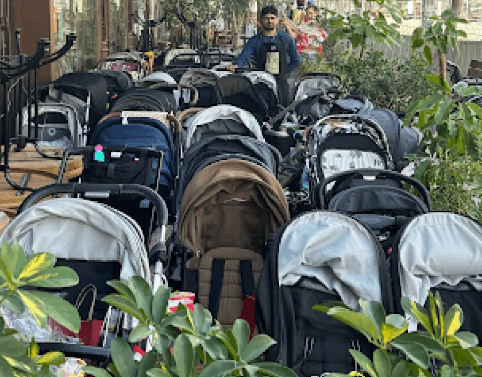 Rows of parked baby strollers are arranged closely with greenery around and people in the background.
