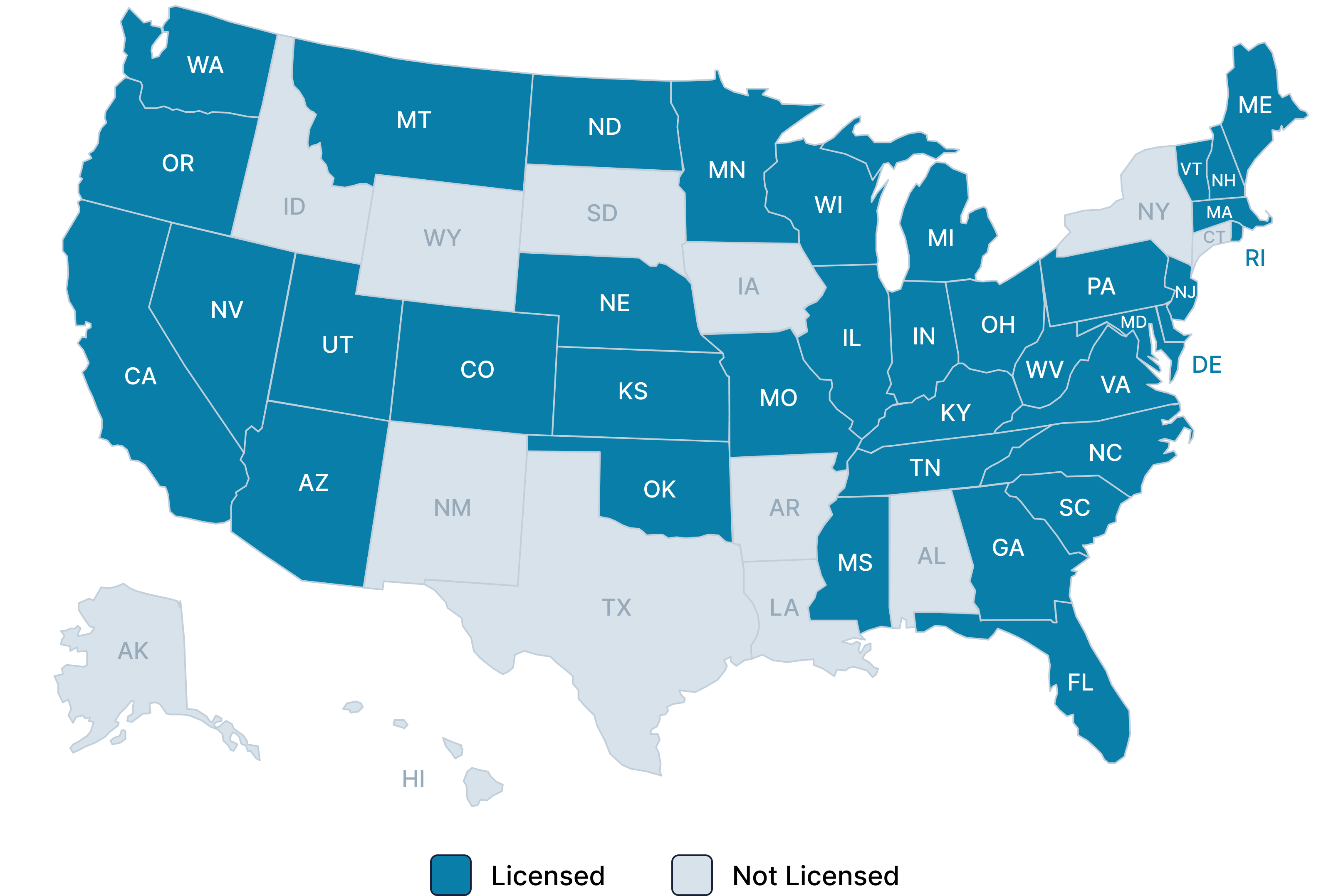 a blue map of the United States where Endpoint holds title and settlement licenses.
