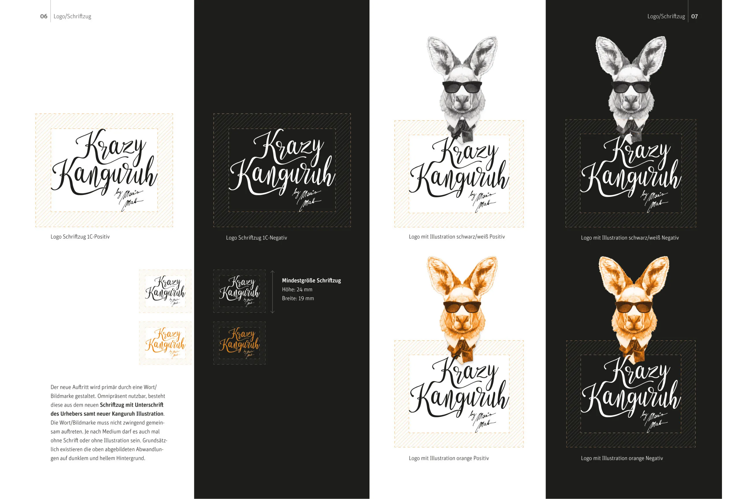 Krazy Kanguruh Logo: Schriftzug und Känguru mit Sonnenbrille in allen Varianten aus dem CD-Manual