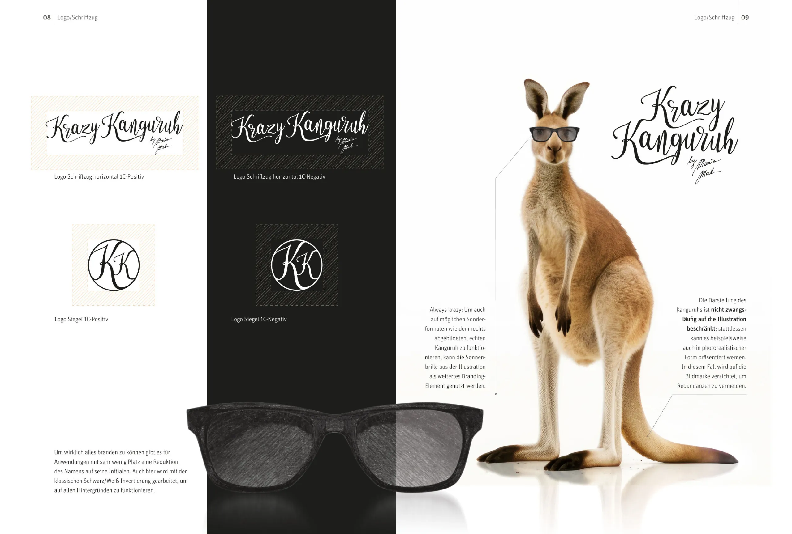 Krazy Kanguruh Bildmarke: Siegel, horizontaler Schriftzug und Känguru mit Sonnenbrille