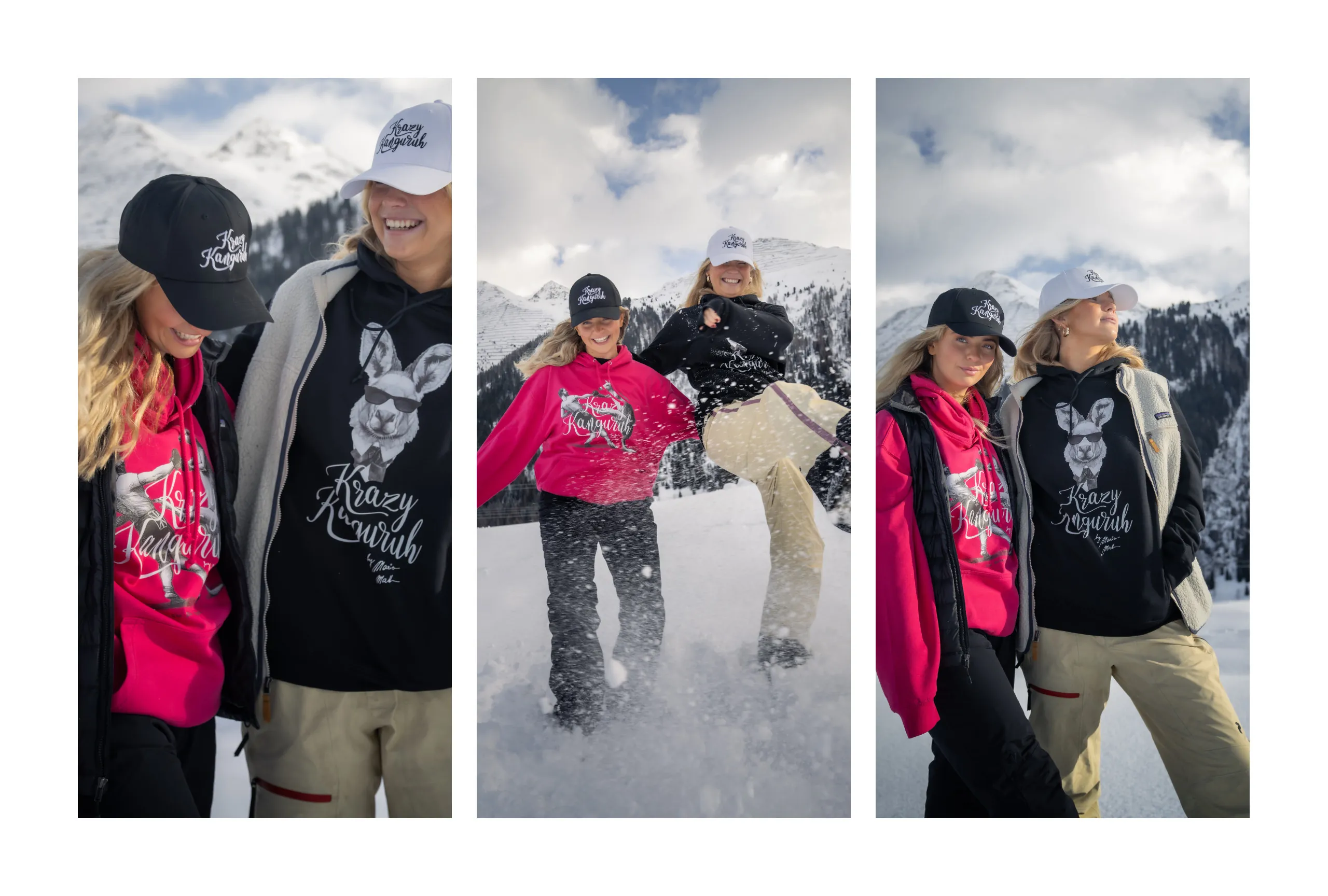 Gäste in Krazy-Kanguruh-Hoodies im Schnee