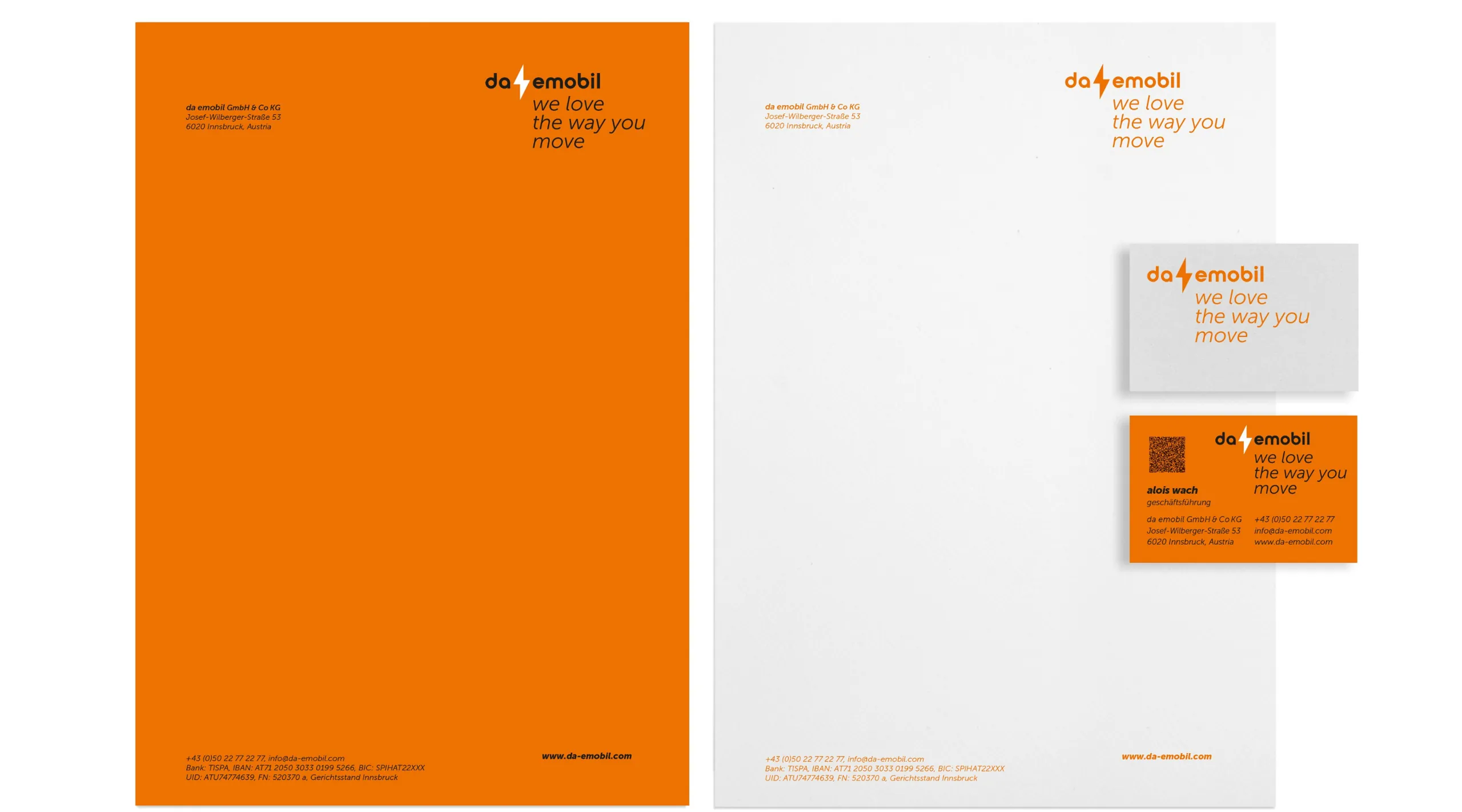 da emobil Geschäftsausstattung in Orange und Weiß mit Logo und Claim