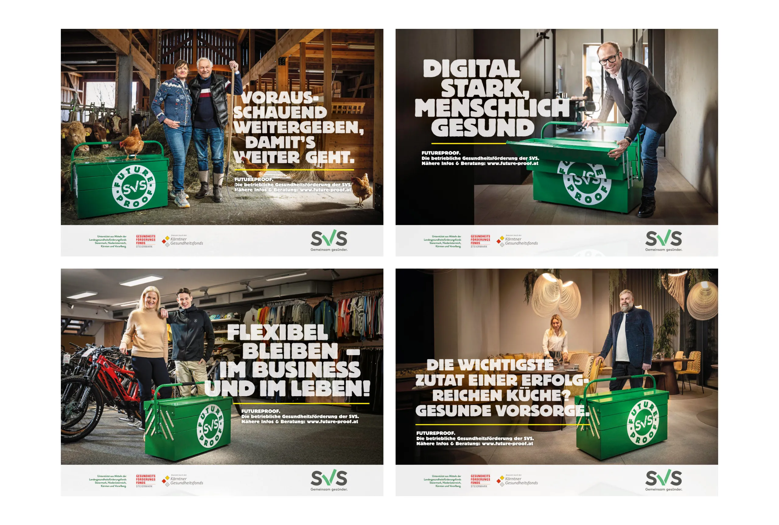 SVS FUTUREPROOF Key Visuals aus Landwirtschaft, Büro, Handel und Gastronomie