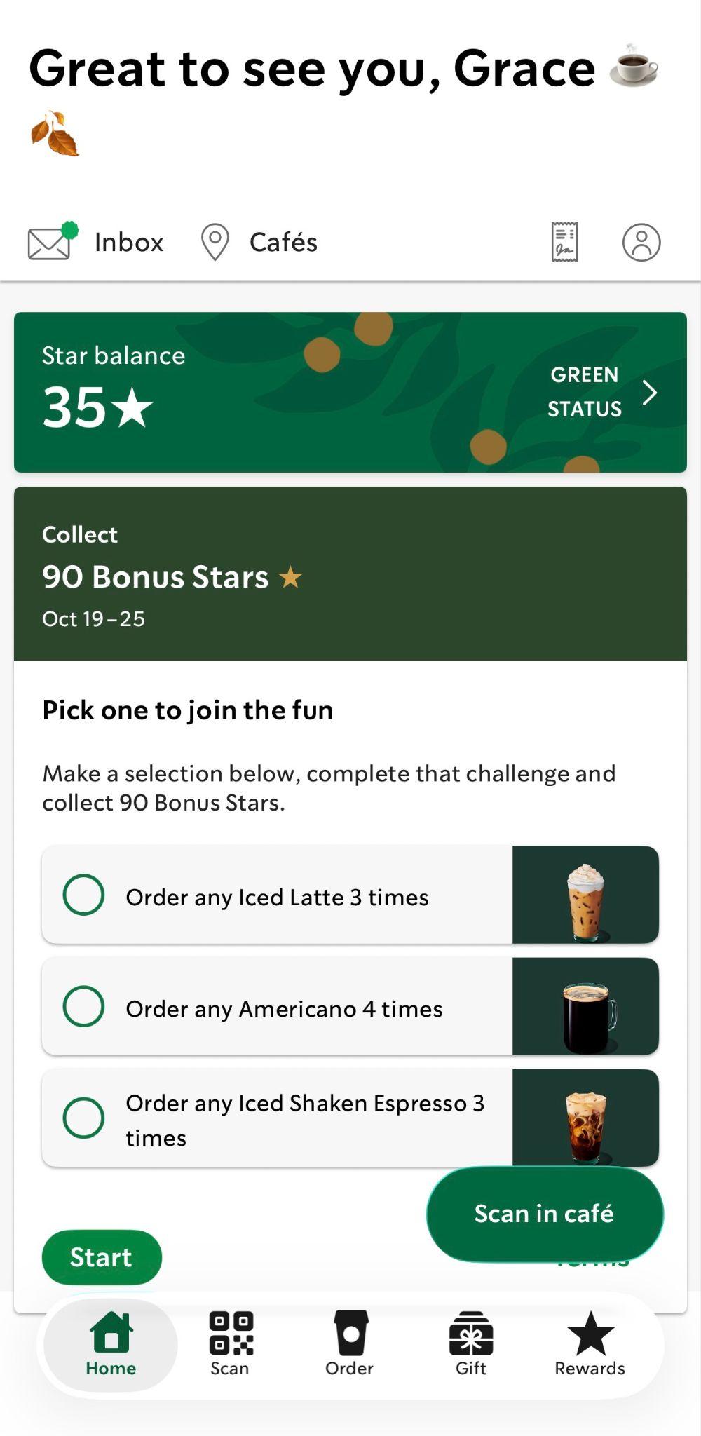Starbucks Rewards app home screen showing a star balance and bonus-star challenge