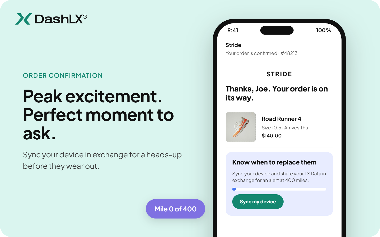 Order confirmation screen offering a shoe replacement reminder when the customer syncs their device