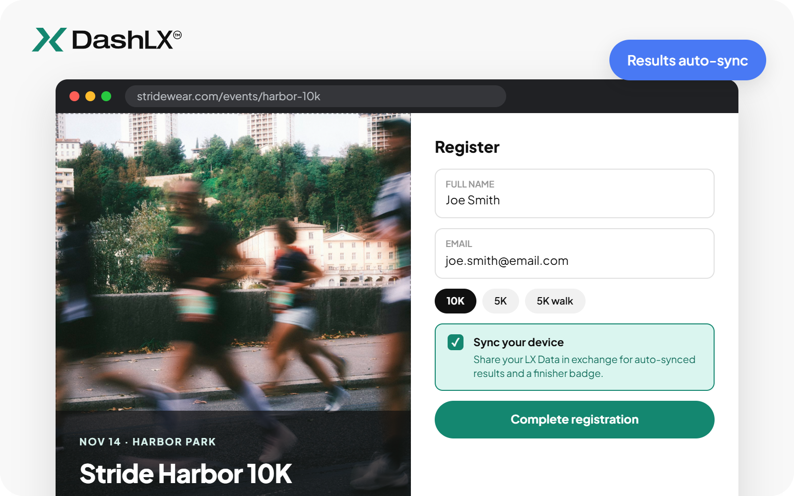 Event registration page with an option to sync a device so results post automatically