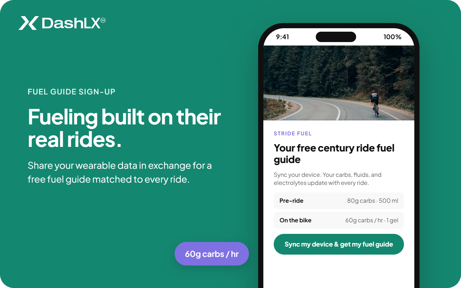 Fuel guide sign-up offering a free plan built on the rider's synced rides