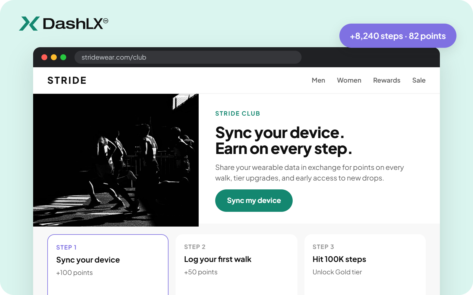 Loyalty program page inviting members to sync their device and earn on every step