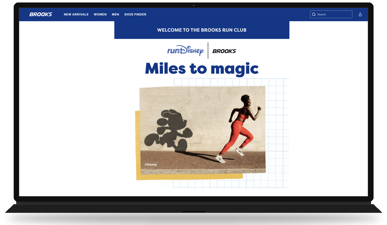 Brooks Run Club runDisney 'Miles to Magic' marathon weekend landing page shown on a laptop screen
